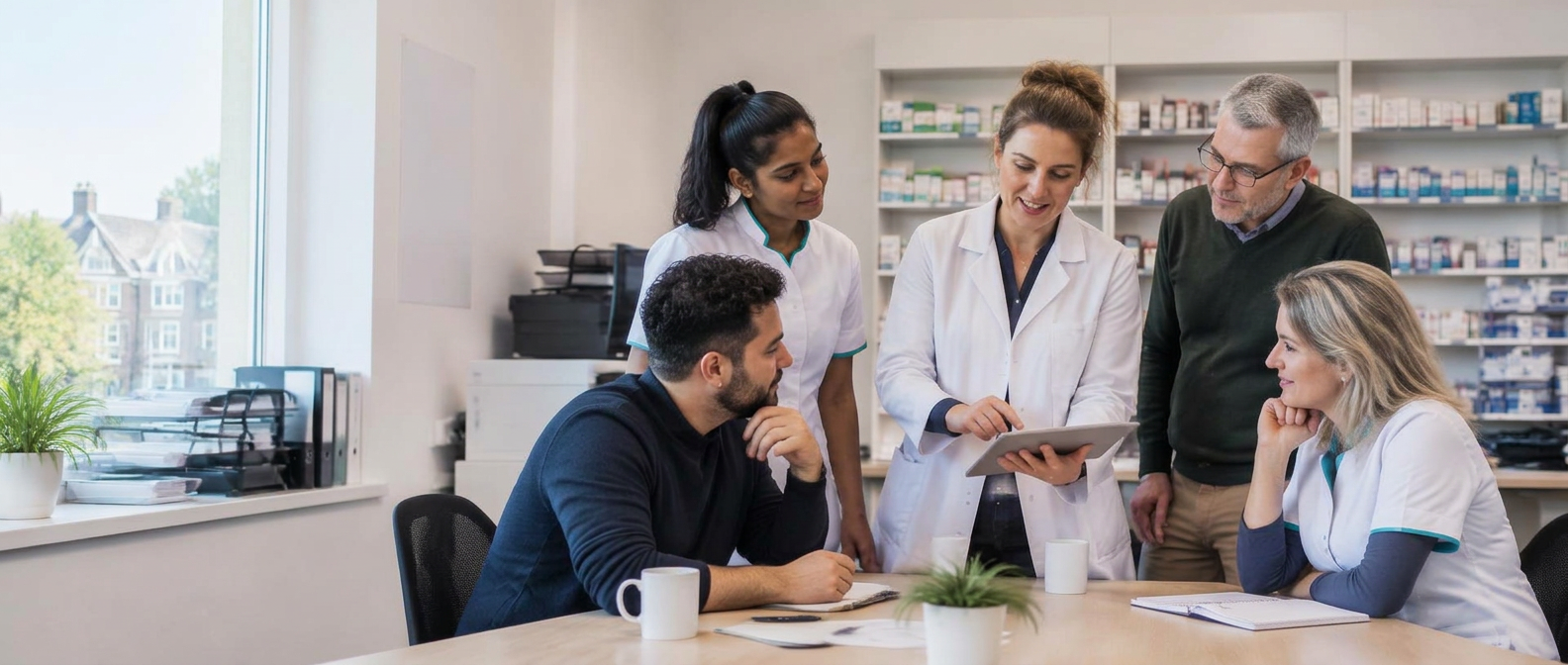 Een apotheker overlegt met haar team in de apotheek